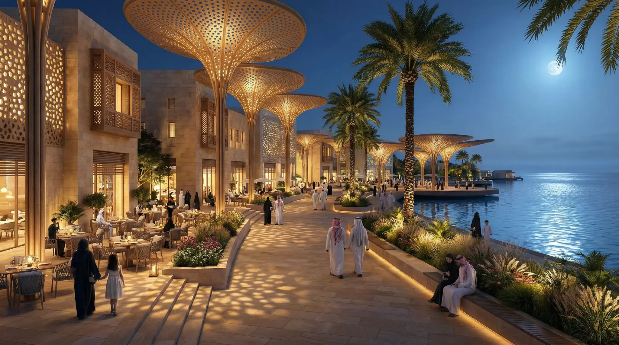 تصور معماري للممشى التجاري ليلًا في واجهة زان البحرية بجازان بإضاءة دافئة وزوّار يتنزهون على الواجهة
