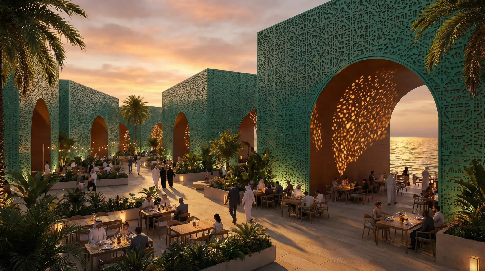 تصور معماري لأجنحة المطاعم والتجارب على الواجهة البحرية