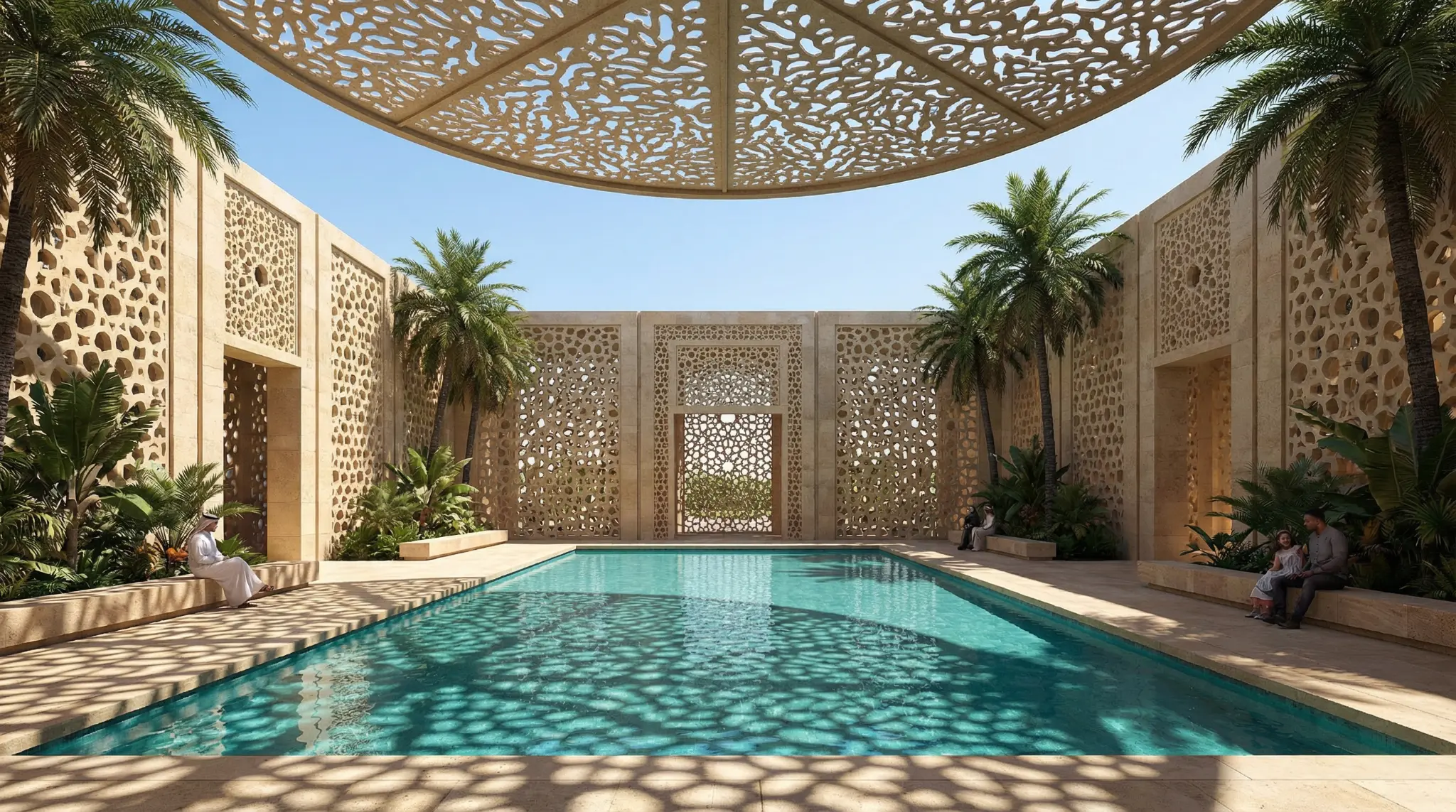 تصور معماري لمسابح ومظلات ضمن أصول الوجهة